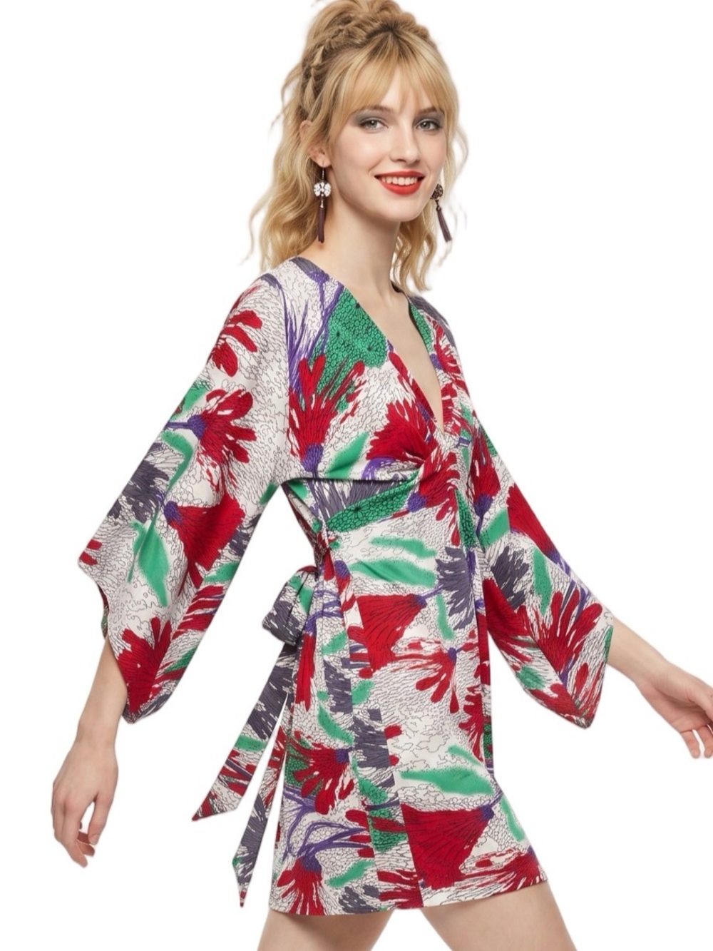 T-Bags Multicolor Floral Kimono Mini Dress V neck Long sleeve Empire waist CUTE - Picture 16 of 16